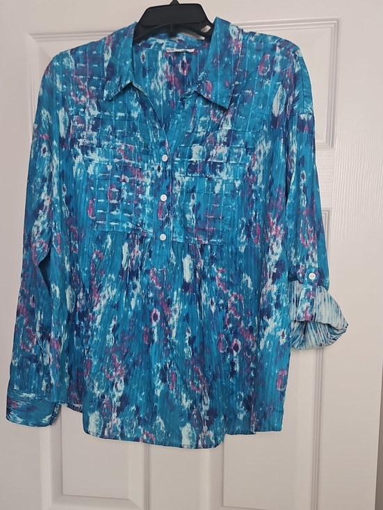 Westbound Tops - Westbound Long Sleeve Collared Partial Button Relaxed Tunic: Turquoise Monet: XL